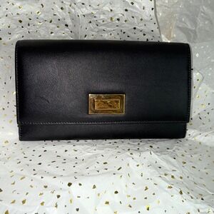 Fendi Roma Black Leather Authentic Continental Wallet Clutch Gold Hardware‎